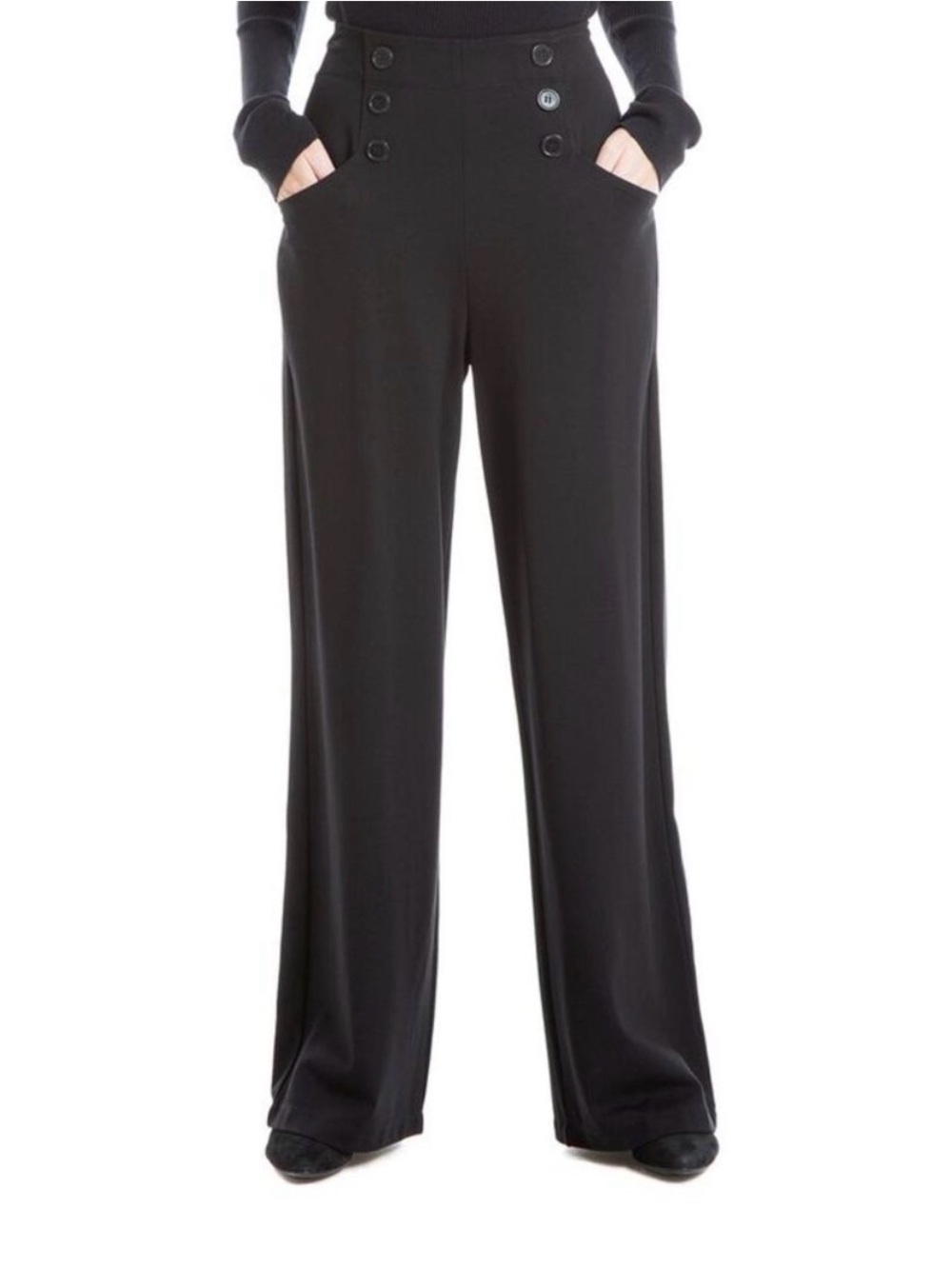 Max Studio NWOT Black High-Waist Wide Leg Pants with Buttons Nautical Sailor L - Picture 2 of 7